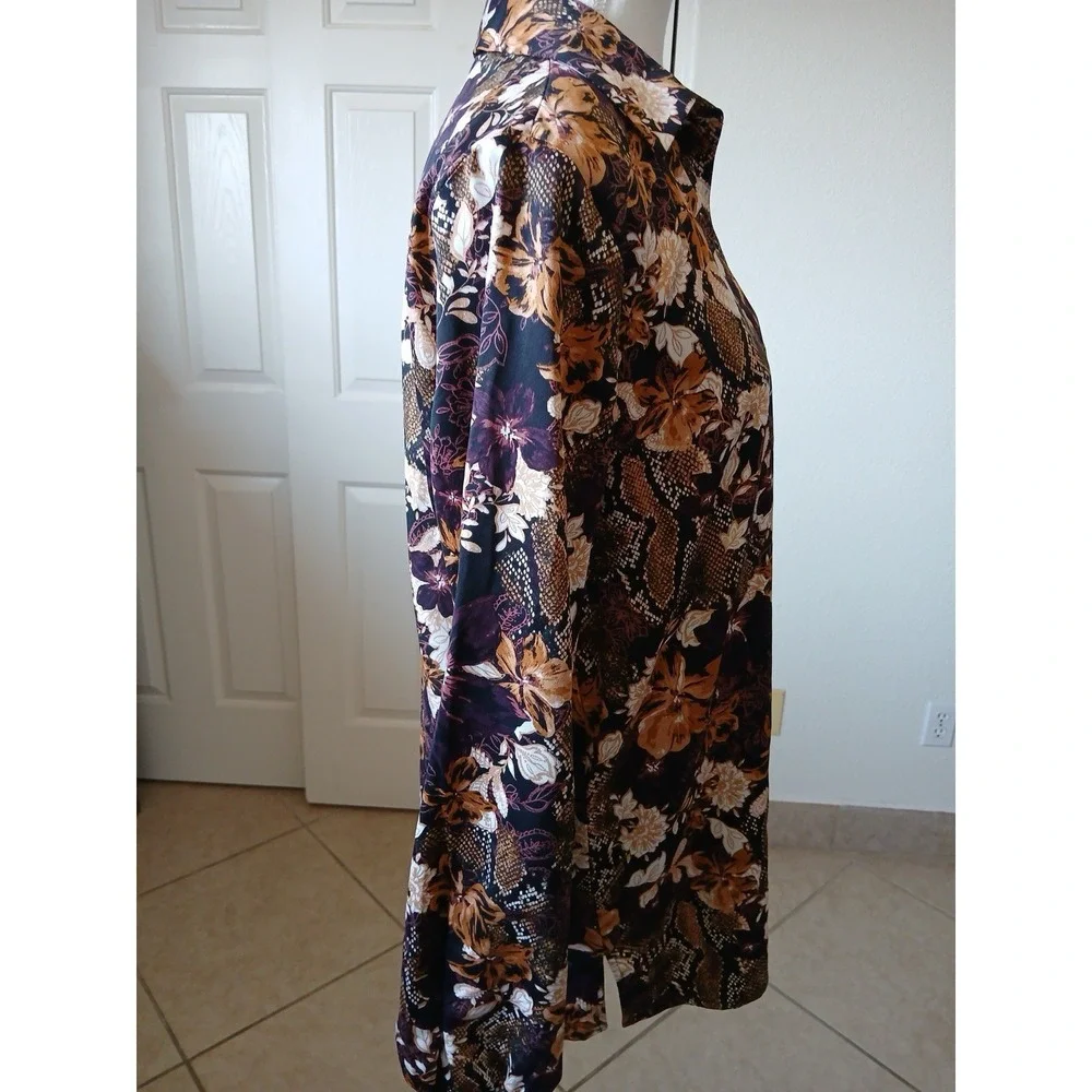 Marc New‎ York Women's Blouse Tunic Brown & Purple Floral Long Sleeve Bohemian